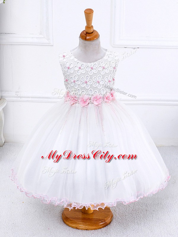 Dazzling White Sleeveless Appliques Tea Length Little Girls Pageant Dress