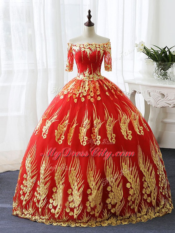 Red Off The Shoulder Lace Up Appliques Quinceanera Gown Half Sleeves