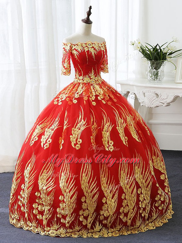 Red Off The Shoulder Lace Up Appliques Quinceanera Gown Half Sleeves