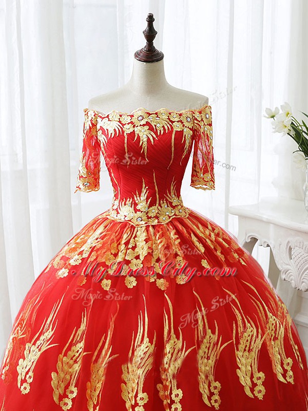 Red Off The Shoulder Lace Up Appliques Quinceanera Gown Half Sleeves