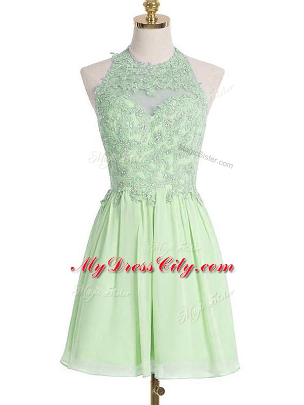 Cute Chiffon Lace Up Halter Top Sleeveless Knee Length Bridesmaid Dress Appliques