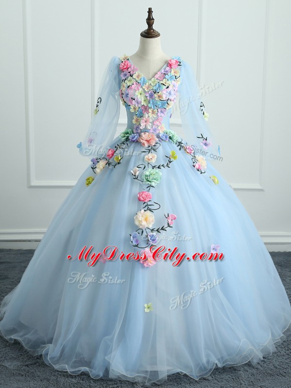 Luxury Long Sleeves Floor Length Appliques and Hand Made Flower Lace Up 15th Birthday Dress with Light Blue