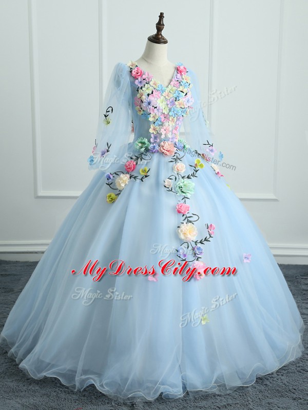 Luxury Long Sleeves Floor Length Appliques and Hand Made Flower Lace Up 15th Birthday Dress with Light Blue