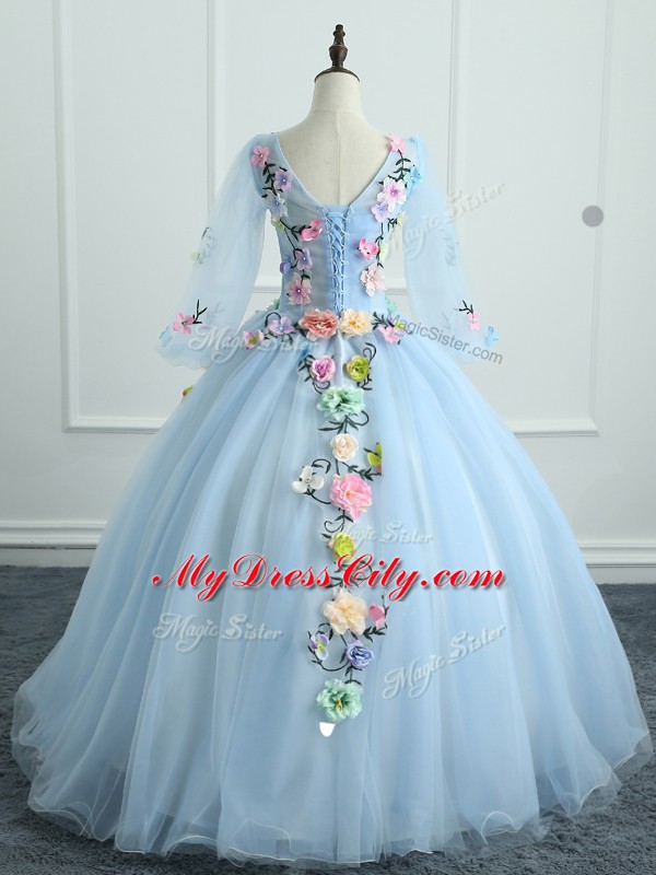 Luxury Long Sleeves Floor Length Appliques and Hand Made Flower Lace Up 15th Birthday Dress with Light Blue