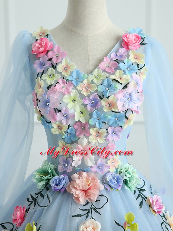 Luxury Long Sleeves Floor Length Appliques and Hand Made Flower Lace Up 15th Birthday Dress with Light Blue