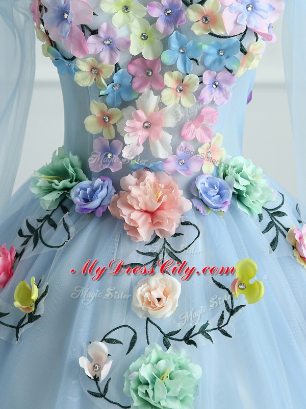 Luxury Long Sleeves Floor Length Appliques and Hand Made Flower Lace Up 15th Birthday Dress with Light Blue