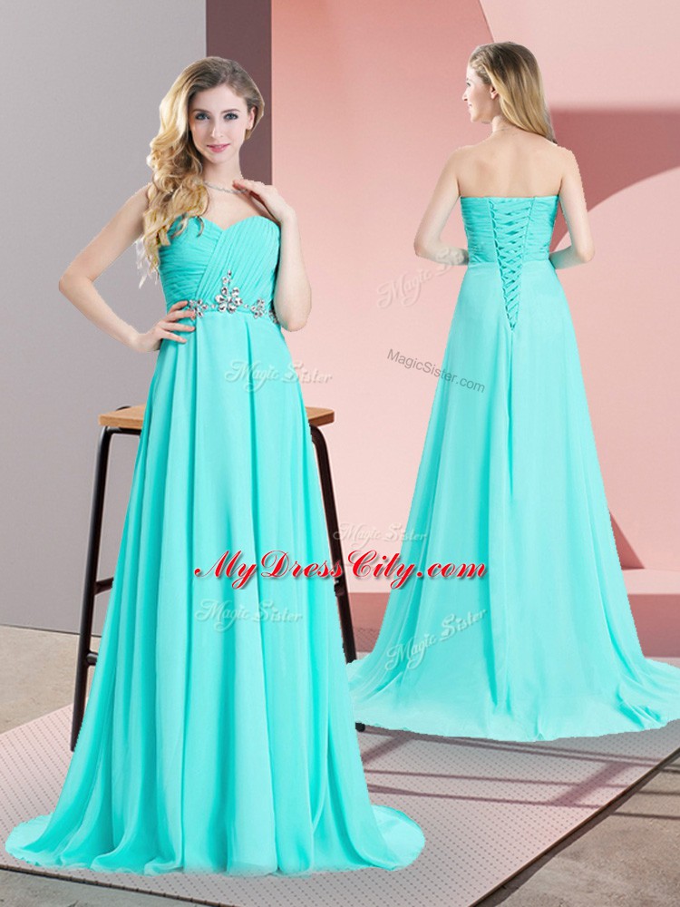 Aqua Blue Chiffon Lace Up Sweetheart Sleeveless Brush Train Beading and Ruching