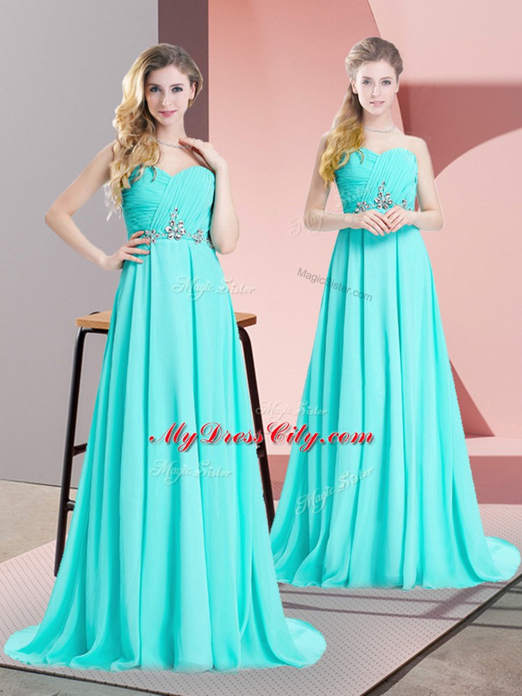 Aqua Blue Chiffon Lace Up Sweetheart Sleeveless Brush Train Beading and Ruching