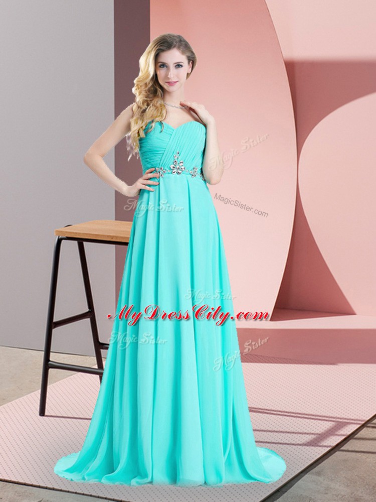 Aqua Blue Chiffon Lace Up Sweetheart Sleeveless Brush Train Beading and Ruching