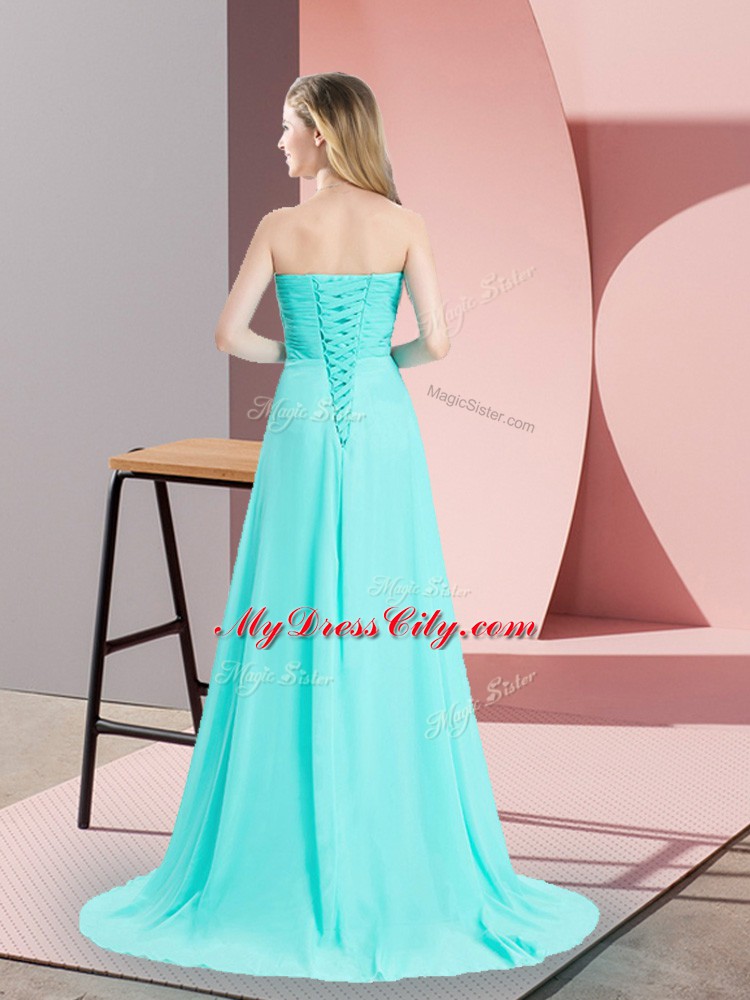 Aqua Blue Chiffon Lace Up Sweetheart Sleeveless Brush Train Beading and Ruching