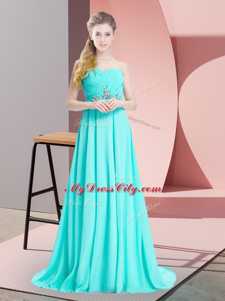 Aqua Blue Chiffon Lace Up Sweetheart Sleeveless Brush Train Beading and Ruching