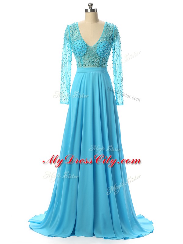 Long Sleeves Beading Zipper Mother of Groom Dress with Baby Blue Brush Train