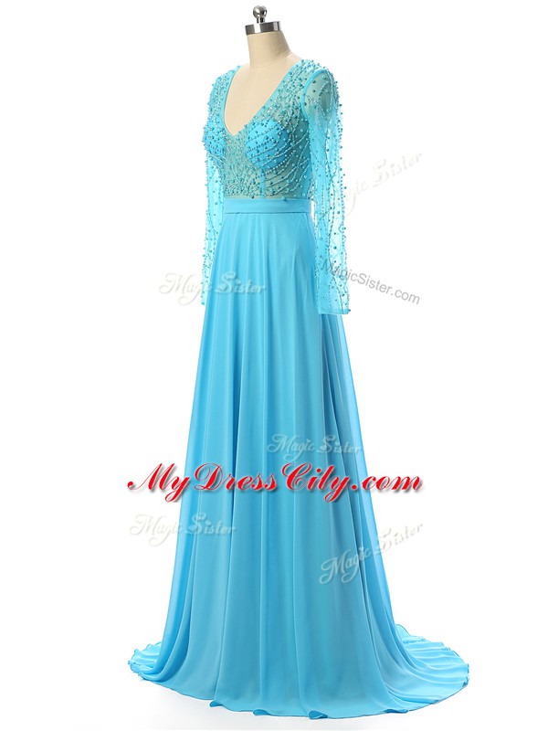 Long Sleeves Beading Zipper Mother of Groom Dress with Baby Blue Brush Train