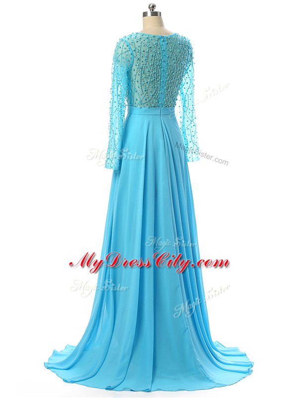 Long Sleeves Beading Zipper Mother of Groom Dress with Baby Blue Brush Train