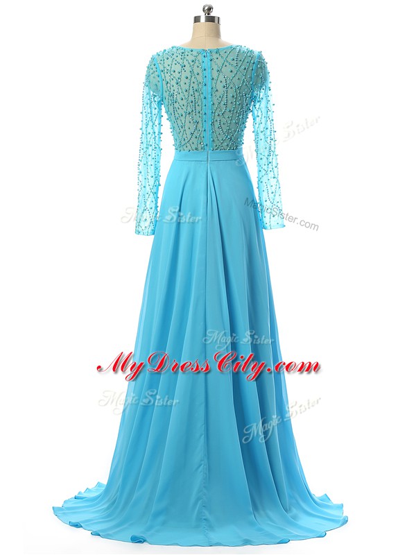 Long Sleeves Beading Zipper Mother of Groom Dress with Baby Blue Brush Train