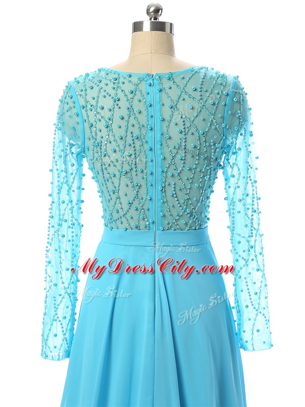 Long Sleeves Beading Zipper Mother of Groom Dress with Baby Blue Brush Train