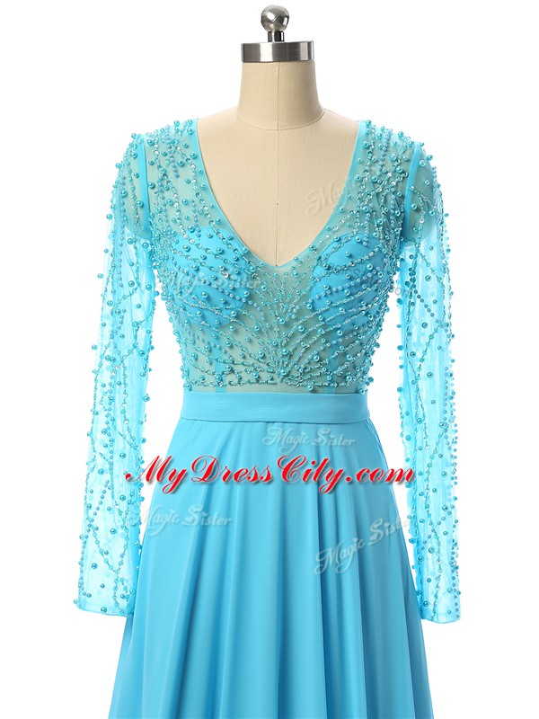 Long Sleeves Beading Zipper Mother of Groom Dress with Baby Blue Brush Train