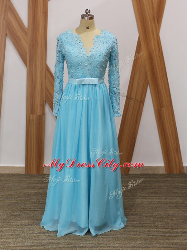 Baby Blue Empire V-neck Long Sleeves Chiffon Floor Length Backless Lace Mother Dresses