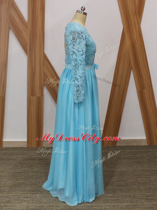 Baby Blue Empire V-neck Long Sleeves Chiffon Floor Length Backless Lace Mother Dresses