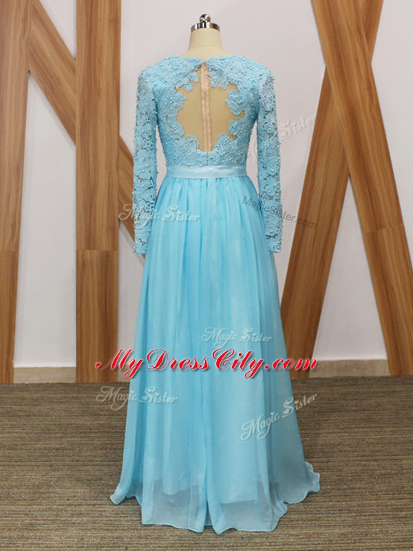 Baby Blue Empire V-neck Long Sleeves Chiffon Floor Length Backless Lace Mother Dresses