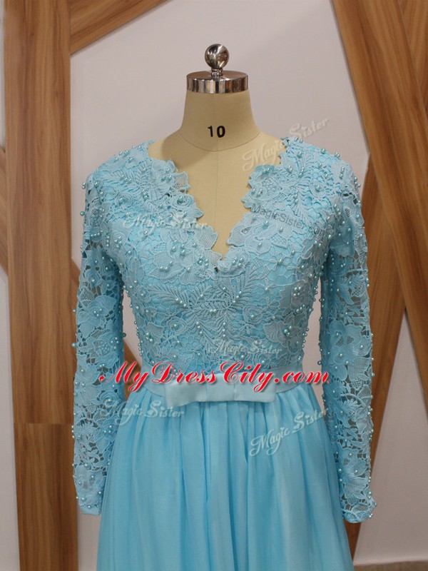 Baby Blue Empire V-neck Long Sleeves Chiffon Floor Length Backless Lace Mother Dresses