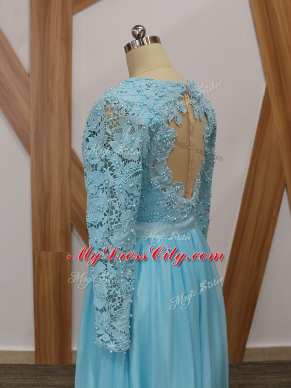 Baby Blue Empire V-neck Long Sleeves Chiffon Floor Length Backless Lace Mother Dresses