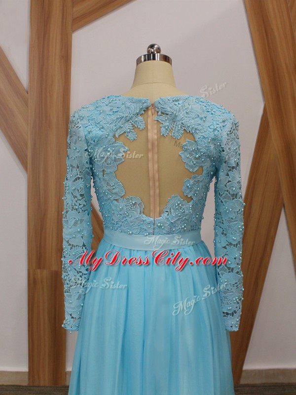 Baby Blue Empire V-neck Long Sleeves Chiffon Floor Length Backless Lace Mother Dresses