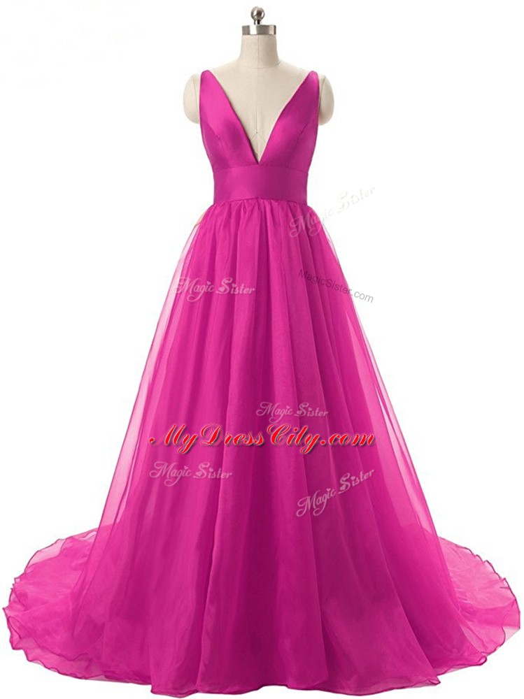 Sleeveless Brush Train Ruching Backless Dress for Prom