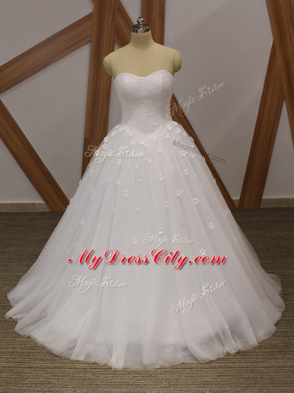 White A-line Tulle Sweetheart Sleeveless Beading and Hand Made Flower Floor Length Lace Up Wedding Dress