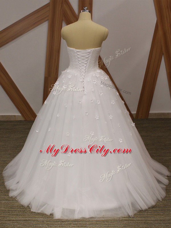 White A-line Tulle Sweetheart Sleeveless Beading and Hand Made Flower Floor Length Lace Up Wedding Dress