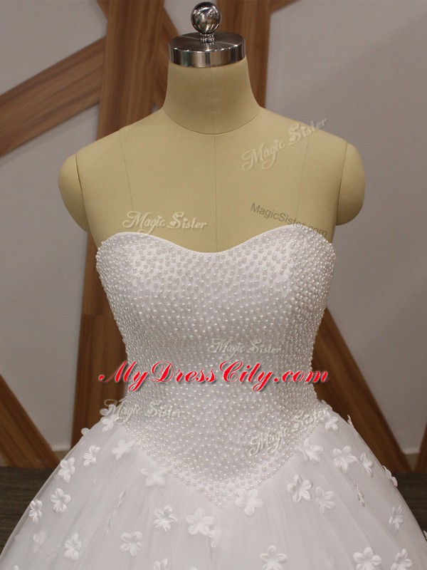 White A-line Tulle Sweetheart Sleeveless Beading and Hand Made Flower Floor Length Lace Up Wedding Dress