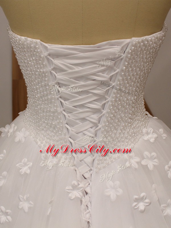 White A-line Tulle Sweetheart Sleeveless Beading and Hand Made Flower Floor Length Lace Up Wedding Dress