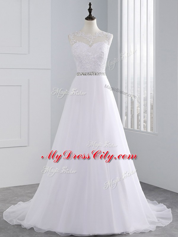 Sweet White A-line Beading and Lace and Appliques Wedding Dress Zipper Chiffon Sleeveless