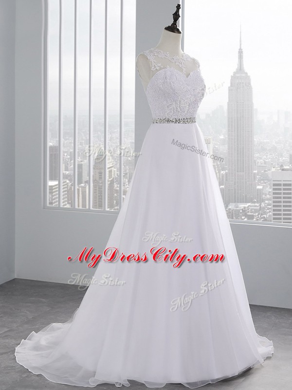 Sweet White A-line Beading and Lace and Appliques Wedding Dress Zipper Chiffon Sleeveless