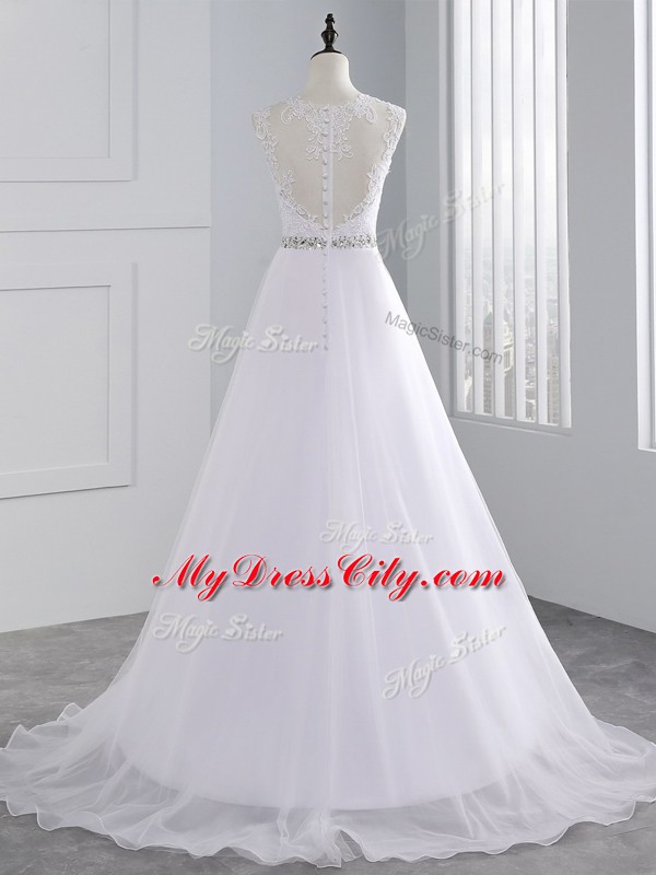 Sweet White A-line Beading and Lace and Appliques Wedding Dress Zipper Chiffon Sleeveless