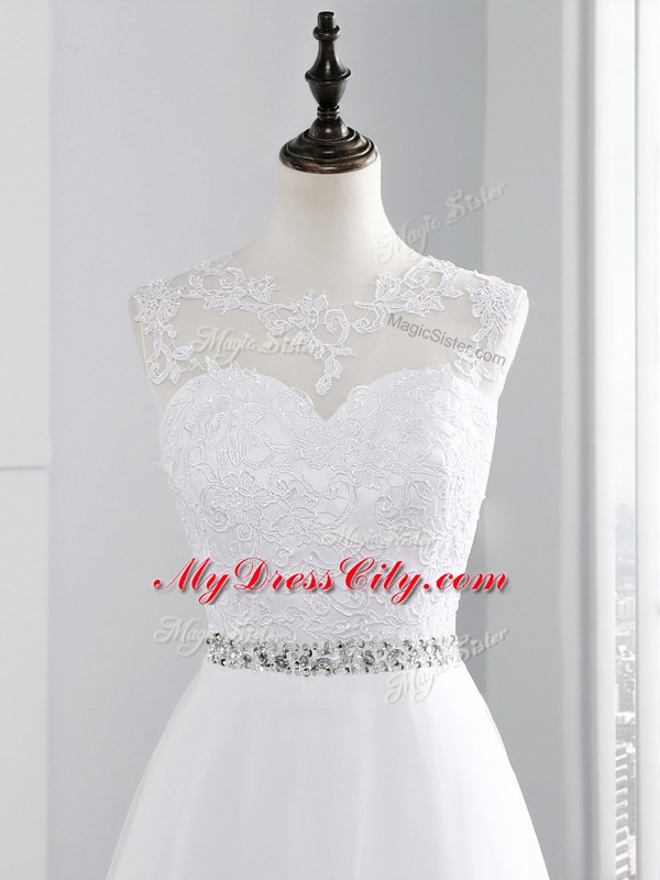 Sweet White A-line Beading and Lace and Appliques Wedding Dress Zipper Chiffon Sleeveless