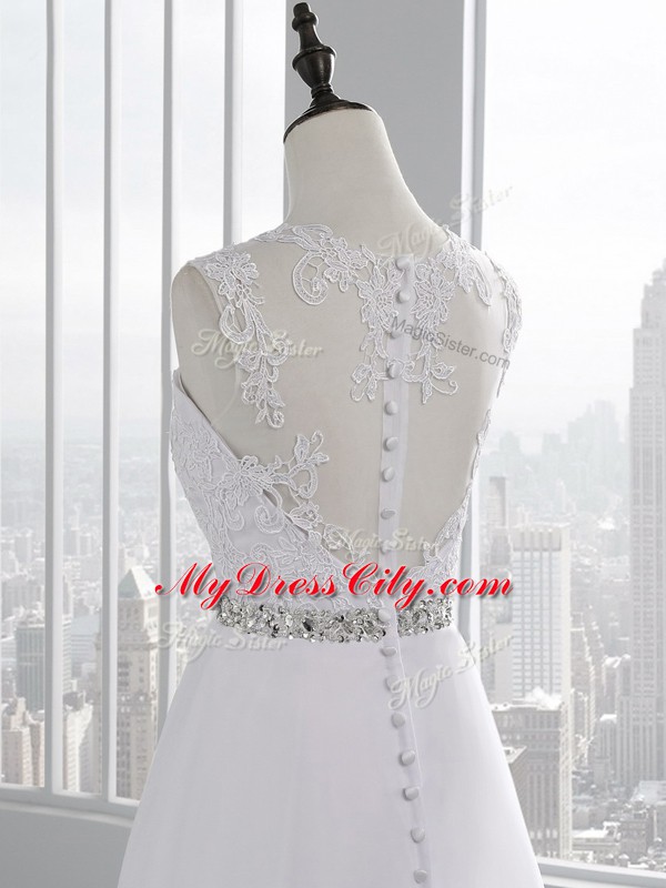 Sweet White A-line Beading and Lace and Appliques Wedding Dress Zipper Chiffon Sleeveless