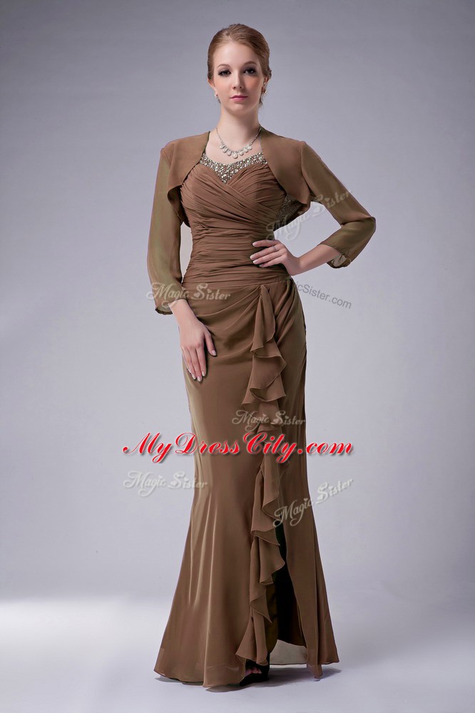 Brown Chiffon Zipper Straps Sleeveless Floor Length Mother of the Bride Dress Beading