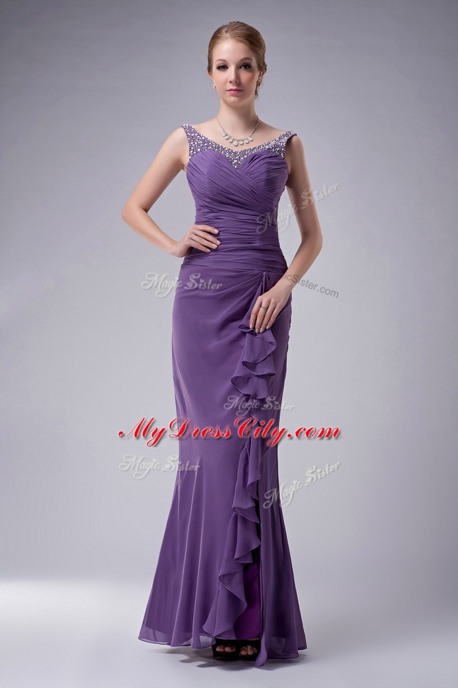 Brown Chiffon Zipper Straps Sleeveless Floor Length Mother of the Bride Dress Beading