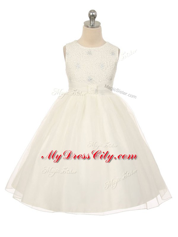 Customized Tulle Scoop Sleeveless Lace Up Beading Party Dress in White