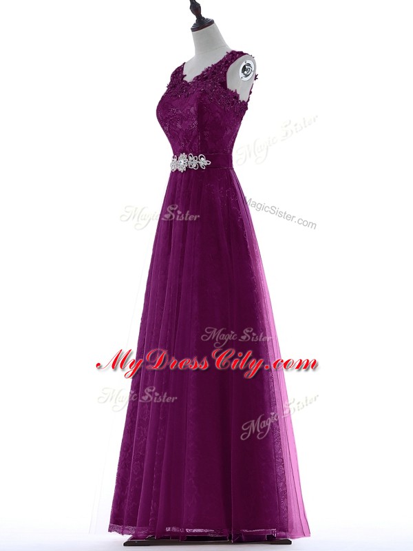 Fitting Purple Tulle Zipper V-neck Sleeveless Floor Length Prom Evening Gown Beading and Lace