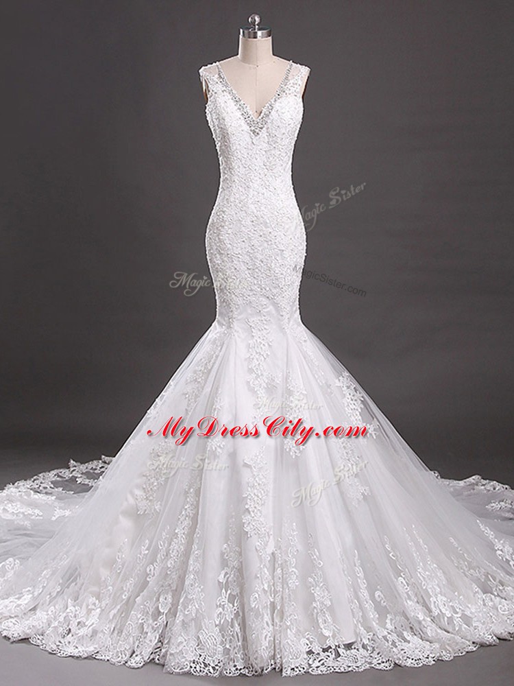 High End Court Train Mermaid Wedding Dresses White V-neck Tulle Sleeveless Clasp Handle