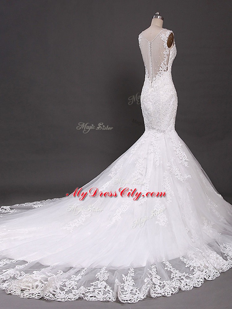 High End Court Train Mermaid Wedding Dresses White V-neck Tulle Sleeveless Clasp Handle