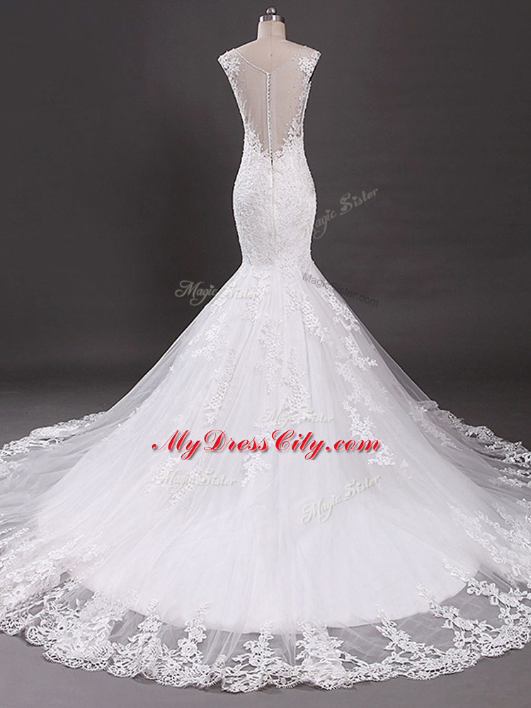 High End Court Train Mermaid Wedding Dresses White V-neck Tulle Sleeveless Clasp Handle