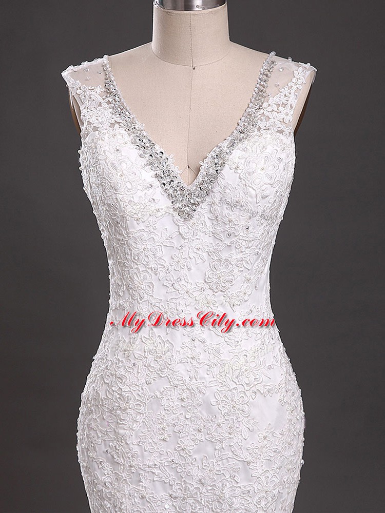 High End Court Train Mermaid Wedding Dresses White V-neck Tulle Sleeveless Clasp Handle