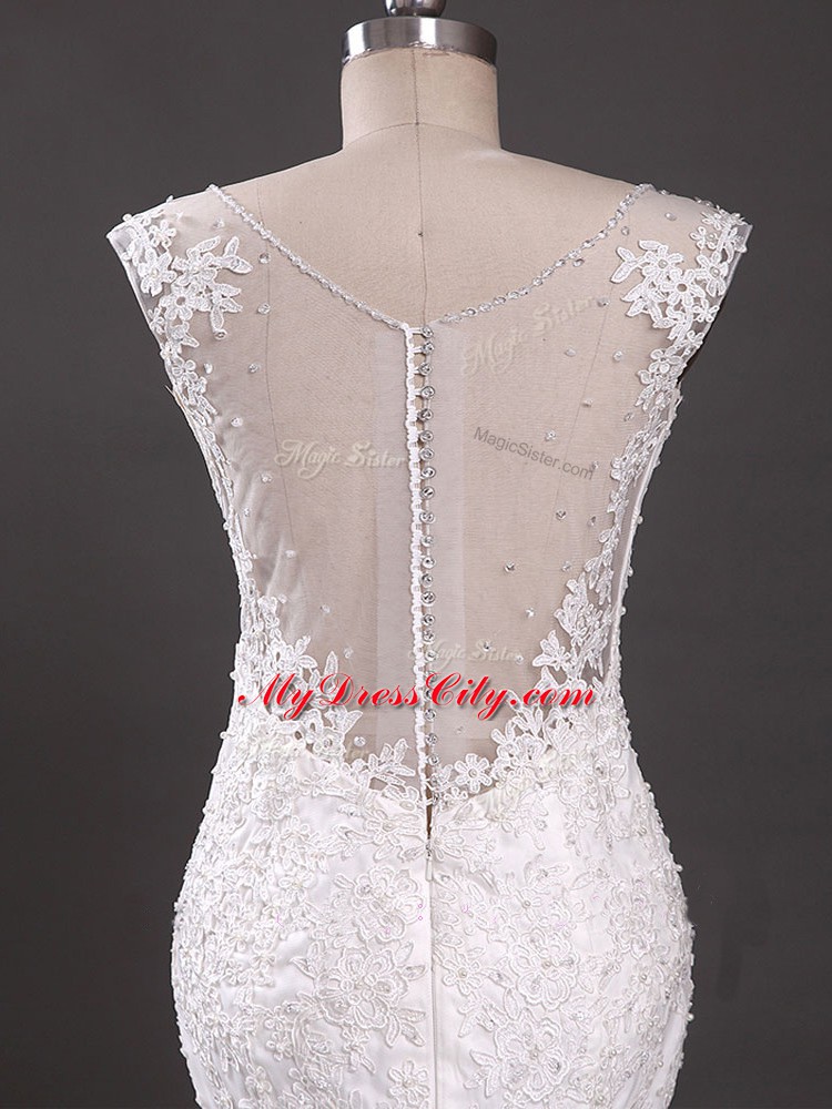 High End Court Train Mermaid Wedding Dresses White V-neck Tulle Sleeveless Clasp Handle