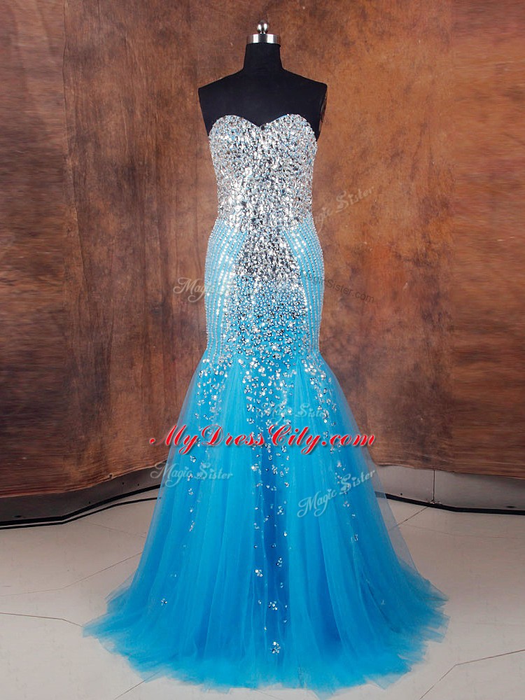 Floor Length Baby Blue Evening Gowns Sweetheart Sleeveless Lace Up