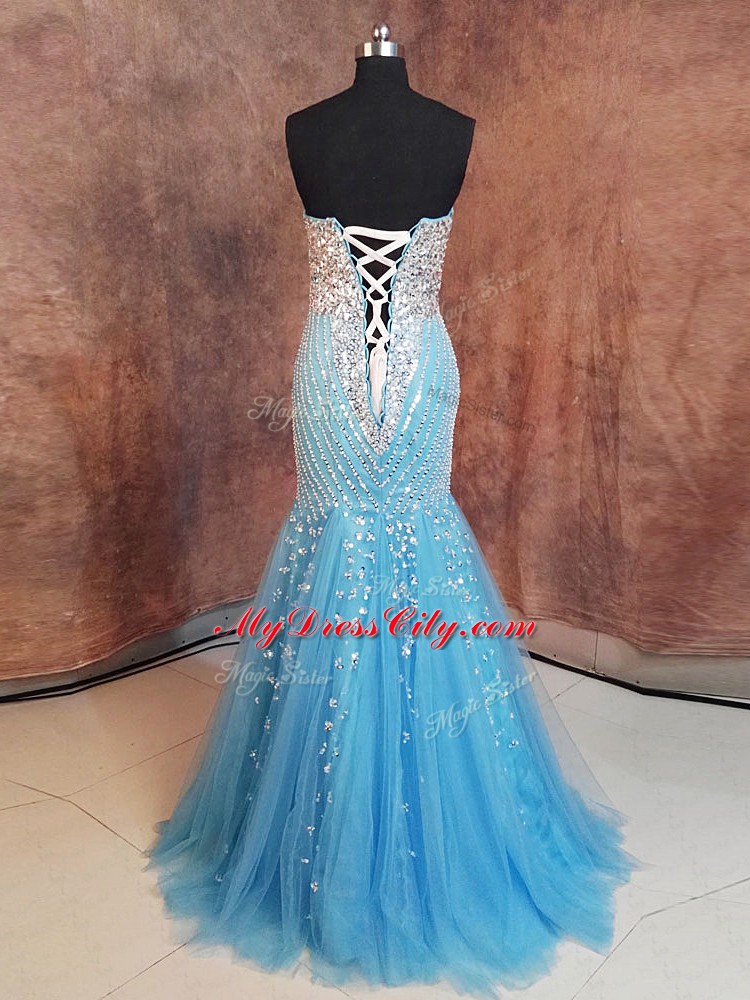 Floor Length Baby Blue Evening Gowns Sweetheart Sleeveless Lace Up