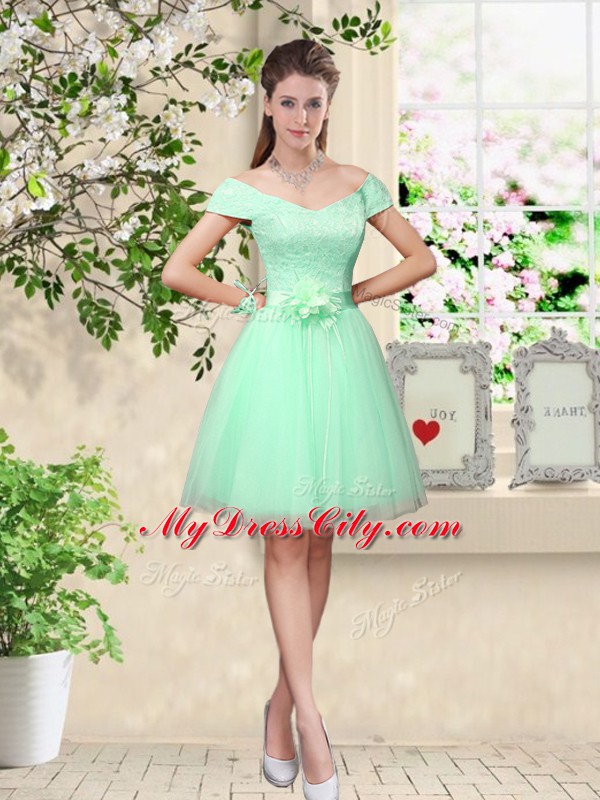 Cap Sleeves Lace Up Knee Length Belt Wedding Guest Dresses