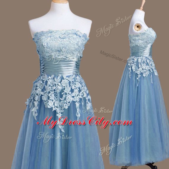 Sleeveless Tea Length Appliques Lace Up Bridesmaid Gown with Blue